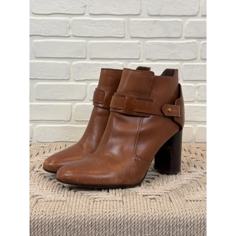 Tory Burch Miller Ankle Booties Brown Leather Buckle Strap Size 8